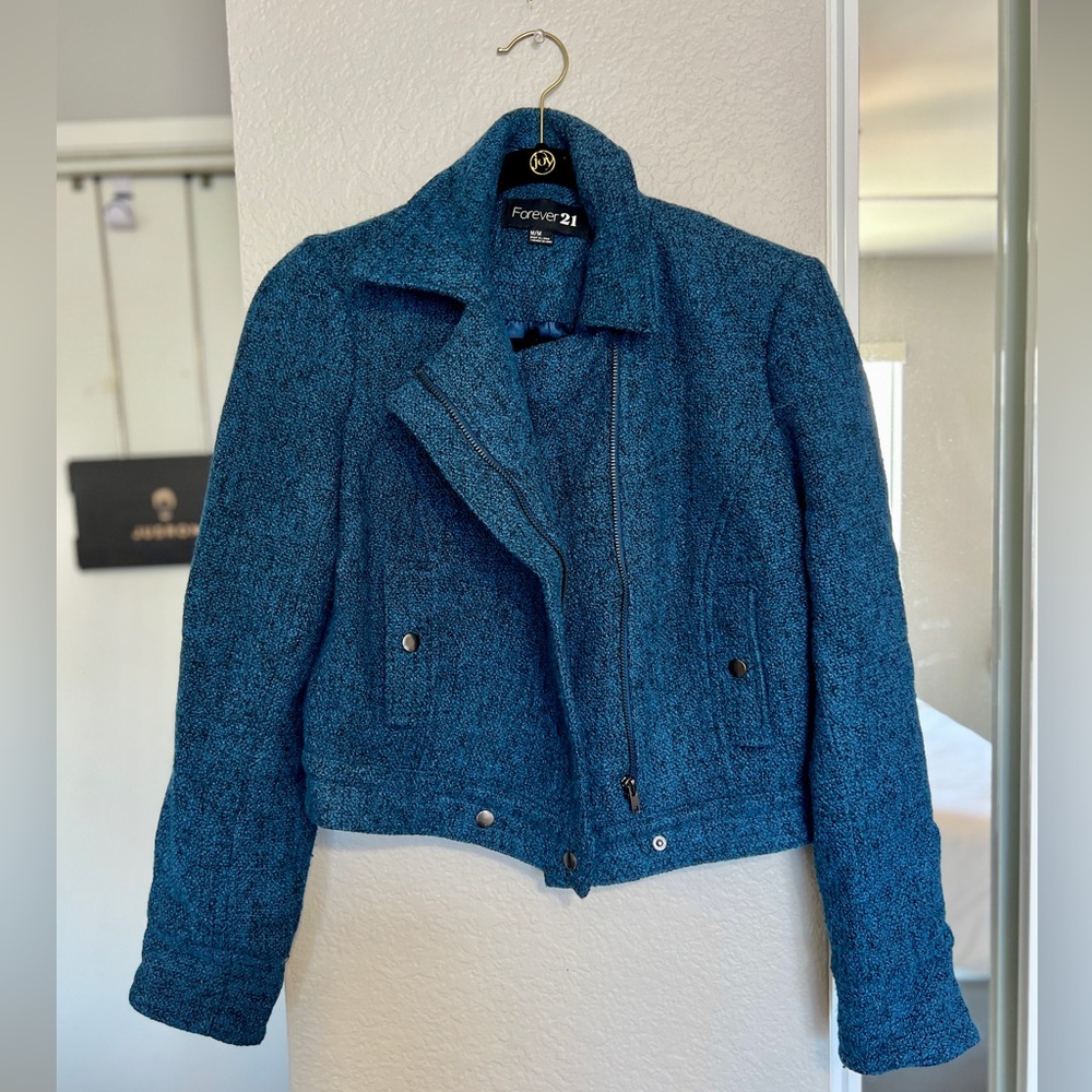 Forever 21 Tweed Moto Jacket - Teal
